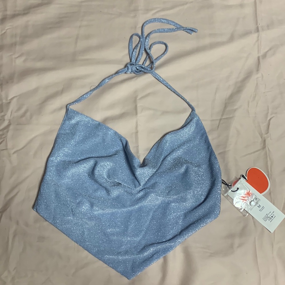 Cider Baby Blue Sparkle Disco Halter Crop Top